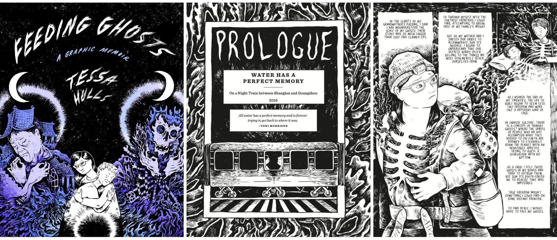 Collage of three images from Tessa Hulls's work, Feeding Ghosts. (left) Cover image featuring two purple figures flanking a white illustration of the author embracing another figure. (center) Prologue: Water has a perfect memory (right) Black and white illustration of the author looking over her shoulder, wearing a headlamp and backpack. Art by Tessa Hulls.