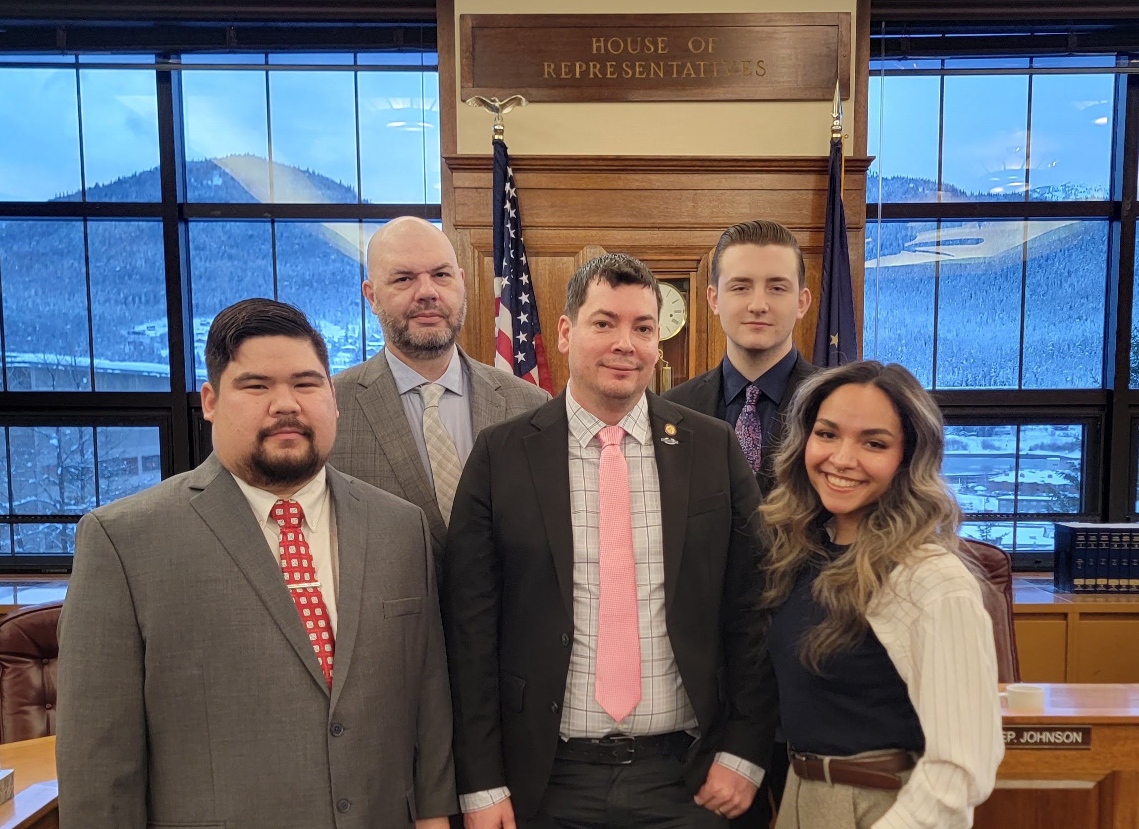 From Left to Right: Bernard Aoto, Clifton Coghill, Rep. Will Stapp, UAF student-intern Paul Menke, and Honour Miller-Austin