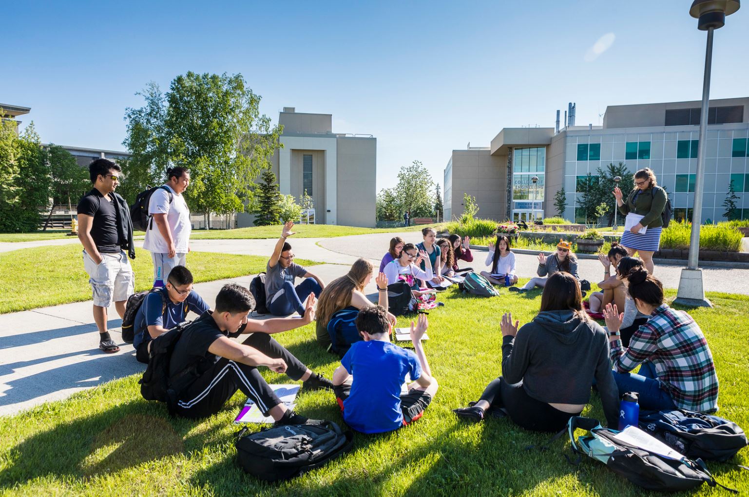 Rural Alaska Honors Institute students study for their Introduction to College Writing course in Cornerstone Plaza on Friday, June 8.