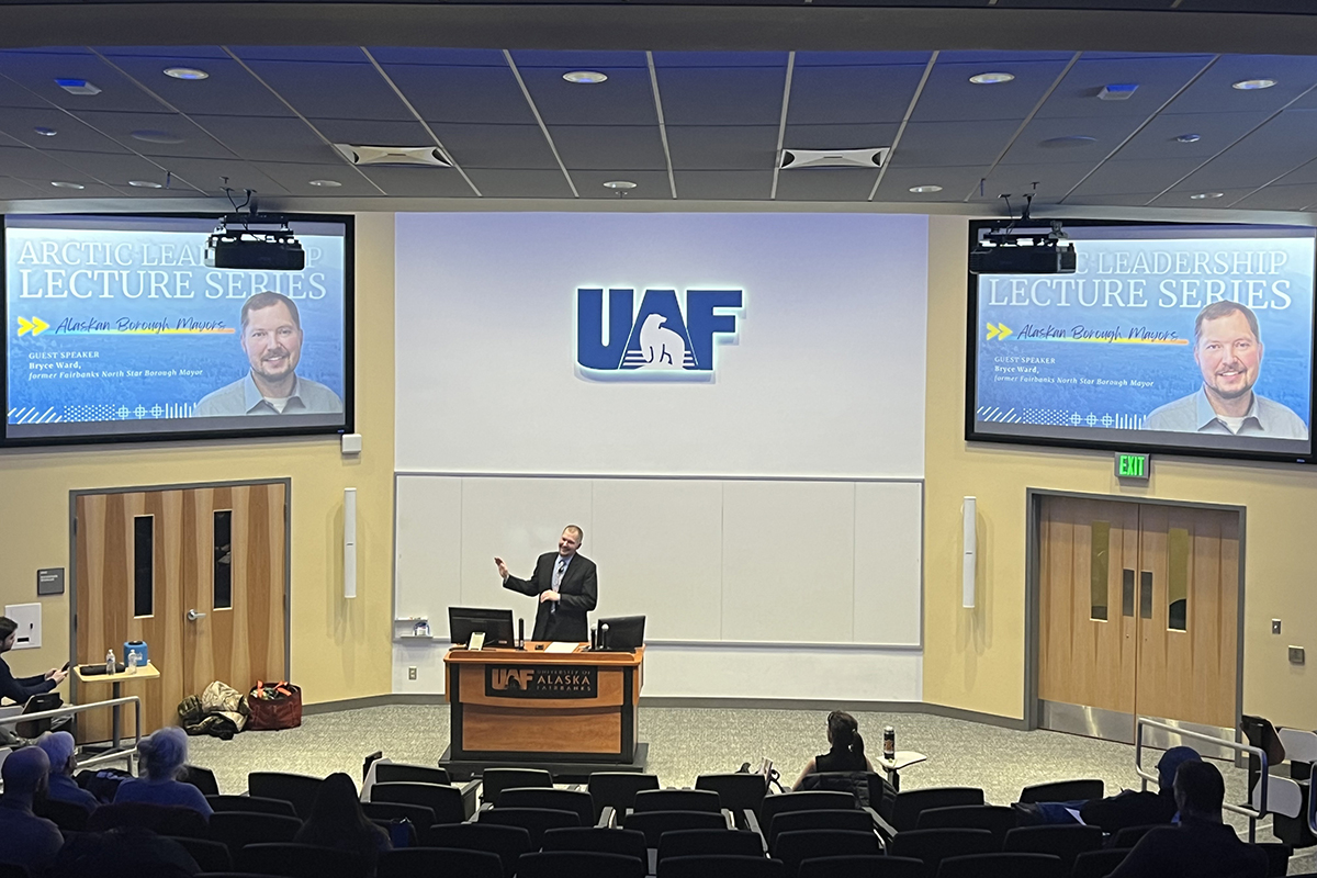 The Arctic Leadership Lecture Series hosts former FNSB mayor Bryce Ward in the Schaible Auditorium January 23rd, 2025. UAF Photo by Sarah Manriquez
