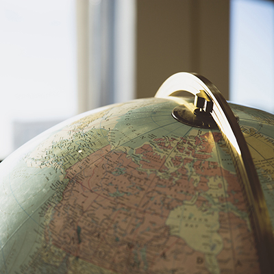 a close up of the upper half of a large globe in the Elmer E. Rasmuson Library