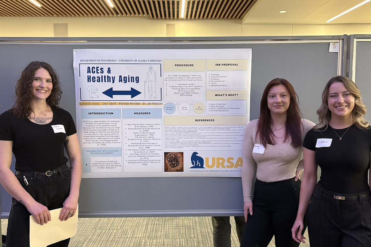Psychology students Samantha Nixon, Jenn Smyth, and Kieleigh Williams present ACEs & Healthy Aging, part of ongoing research at FLexCog, at the 2025 URSA Research & Creative Activity Day. Photo by Jen Peterson