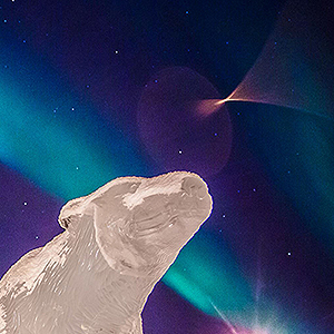 Polar bear made of ice with the Aurora in the night sky