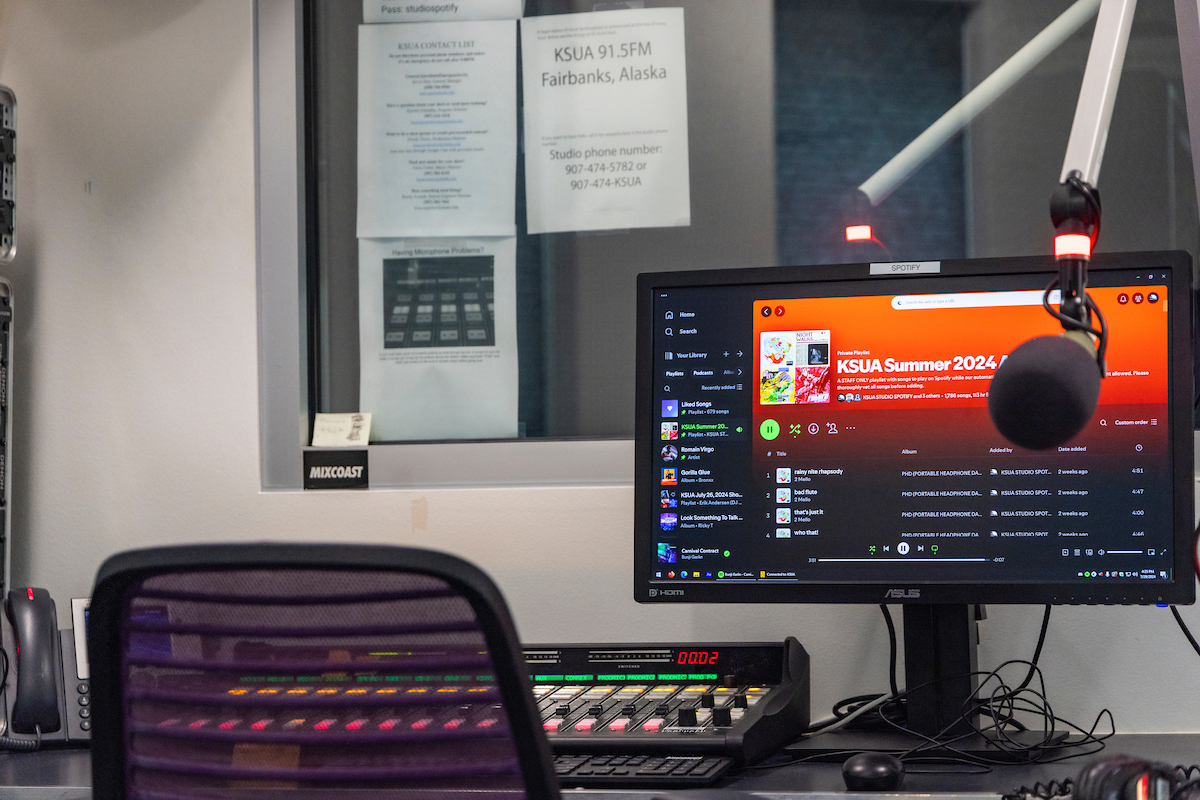 Various components of the KSUA studio located on the second floor of the Wood Center. UAF photo by Leif Van Cise