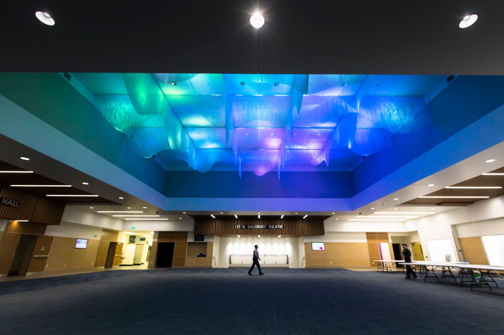 The Regents' Great Hall, on the Fairbanks campus, is now open to the public. The newly refurbished hall features an aurora-like installation on the ceiling.