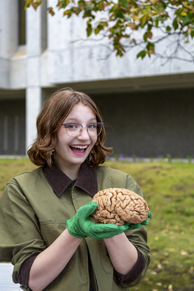 Natalie Milburn holds a brain specimen at the UAF Psychology table at Party in the Park 2025. UAF Photo by Sarah Manriquez