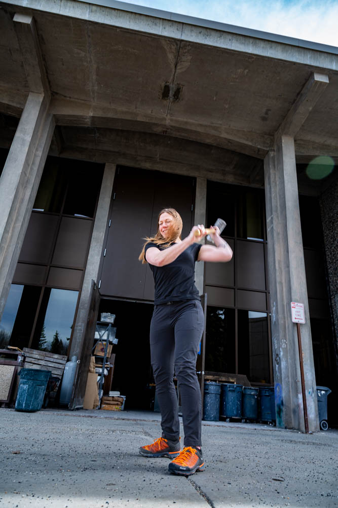 Christen Booth outside of the Art Department sculpture studio. UAF Photo by Sarah Manriquez