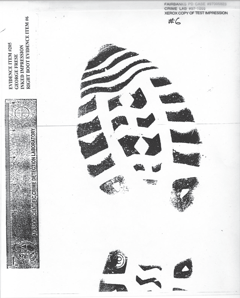Criminalist Jim Lab prepared this tread impression at the state crime lab while acting on police requests to compare George Frese’s boots with murder victim John Hartman’s bruises. Though Wolfe concluded that he could not certify the claimed match, he did not note that finding in his report. Fairbanks lawmen subsequently took the lab’s tread impression and created a trial exhibit featuring sections of tread layered as transparencies over a hospital photo of the victim. The exhibit, which retained the lab’s logo on its top layer, was deemed scientifically flawed and misleading by paid defense forensic experts.   