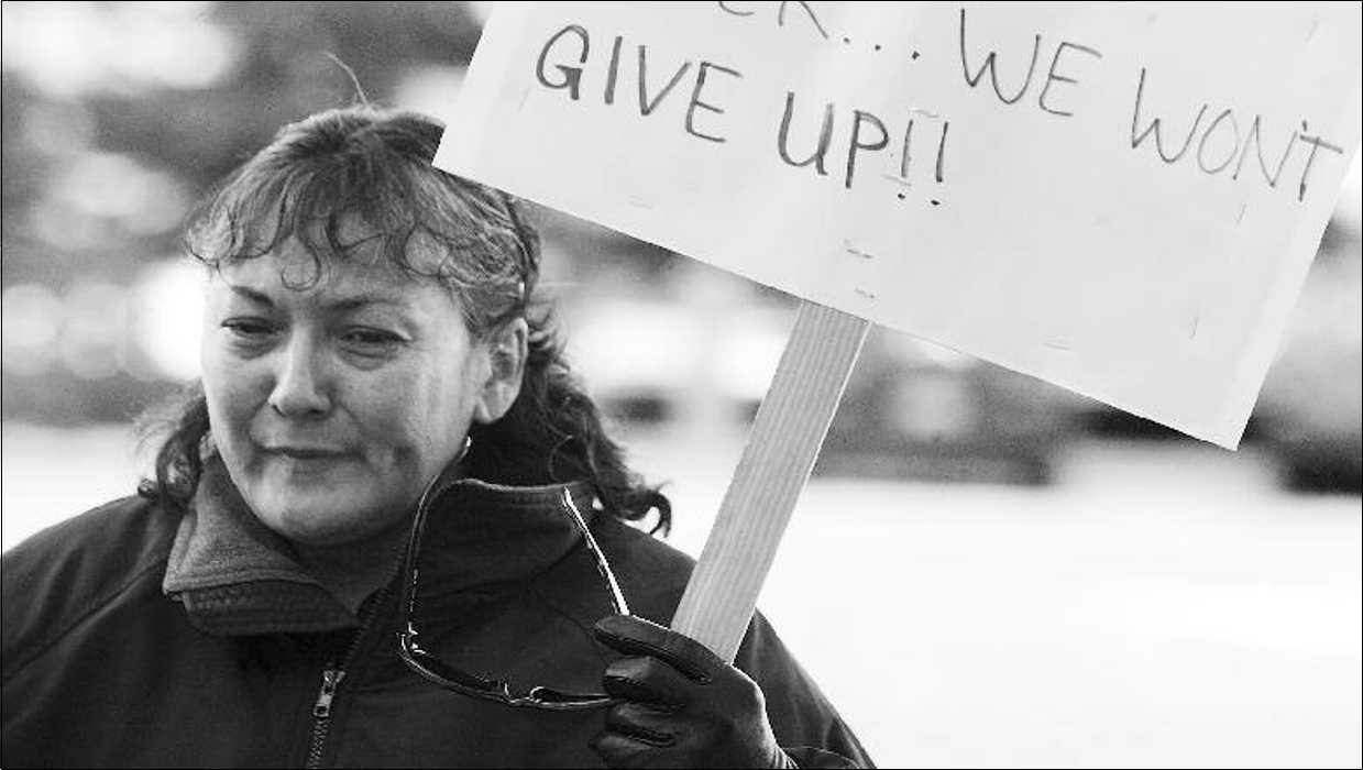 Hazel Roberts, mother of Marvin Roberts, one of the four convicted, listens to speakers during a rally Oct. 12, 2007, in front of the Rabinowitz Courthouse in Fairbanks. The rally aimed to bring continued attention to the 10-year-old case of four young men found guilty of beating 15-year-old John Hartman to death.