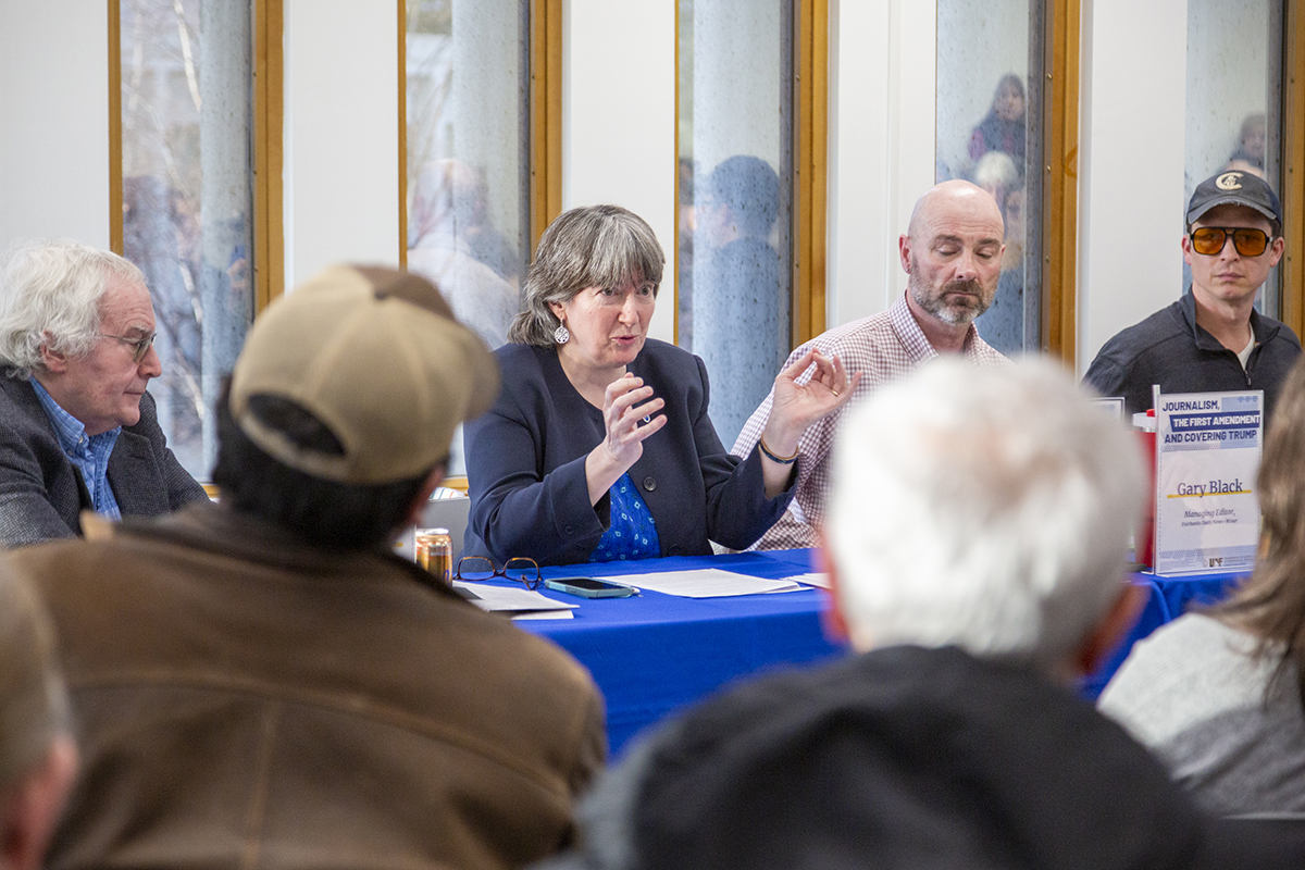 Carol Gray speaks at the spring 2024 Journalism, the First Amendment and Covering Trump panel. UAF Photo by Sarah Manriquez