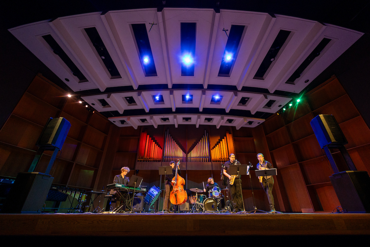 The UAF College of Liberal Arts Department of Music present the UAF Jazz Combo and UAF Wind Ensemble in concert in the Davis Concert Hall on the UAF campus Friday, November 13, 2024. Pictured is the Jazz Combo. UAF Photo by Eric Engman