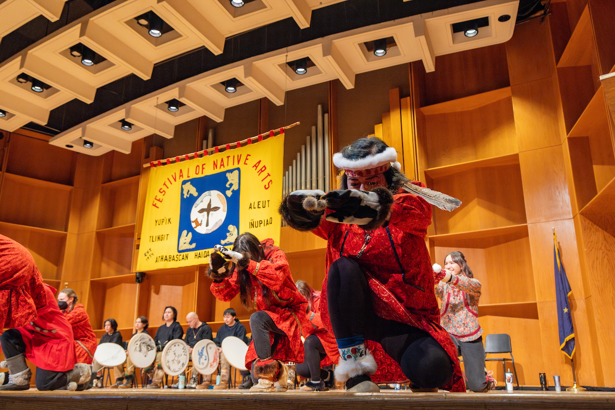 The first day of the Festival of Native Arts takes place in the Great Hall. Guests, mentors, performers and families come together to enjoy the momentus weekend on the Troth Yeddha' Campus with live music, dancing and vendor tables, Feb. 27, 2025. (UAF photo by Leif Van Cise)