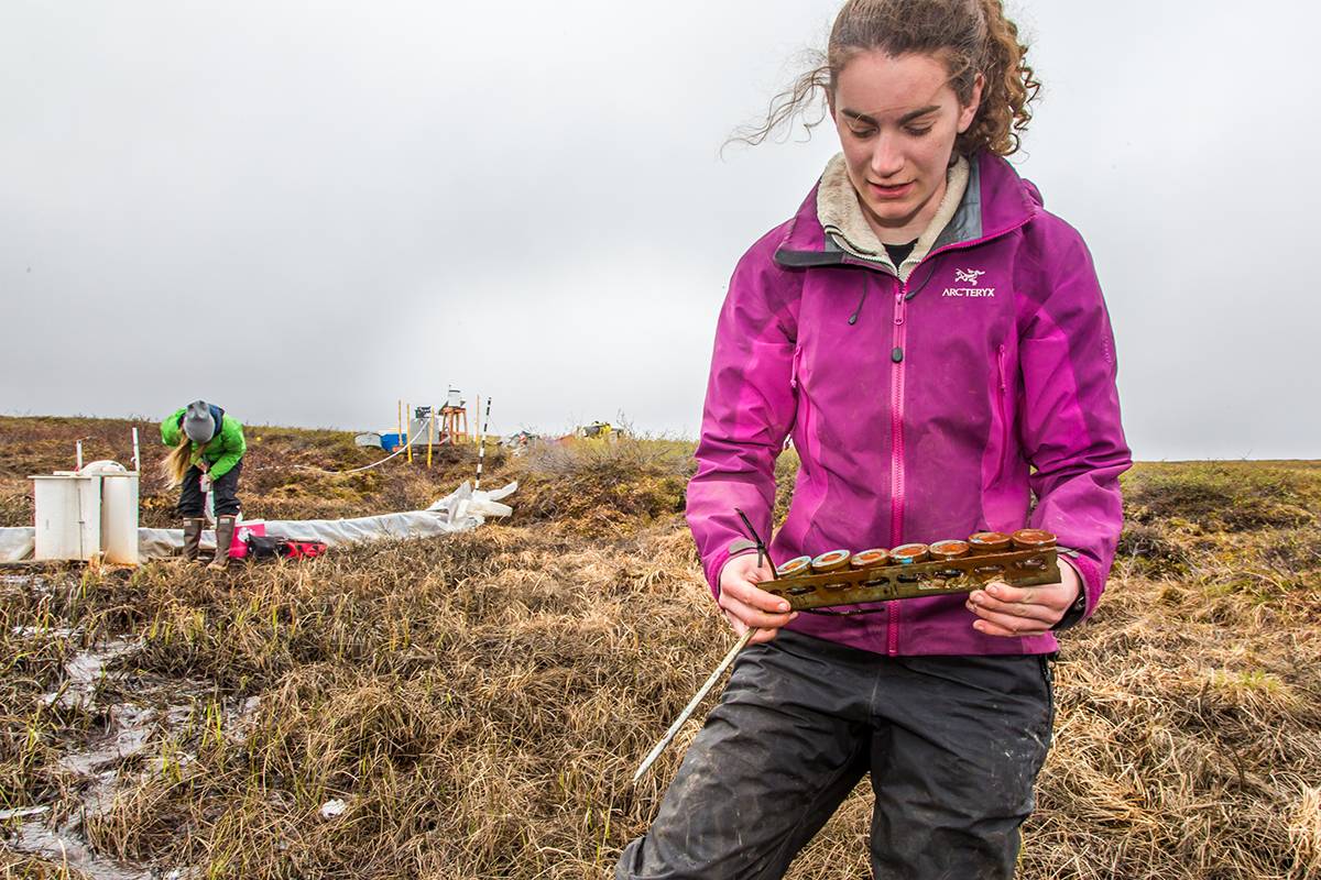 Ludda Ludwig, a Ph.D. candidate with UAF's College of Natural Science and Mathematics, collects water samples from a research site near the headwaters of the Kuparuk River on Alaska's North Slope.