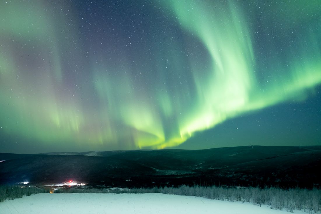 Aurora lights in the sky above Poker Flat Research Range north of Fairbanks in late January 2025.