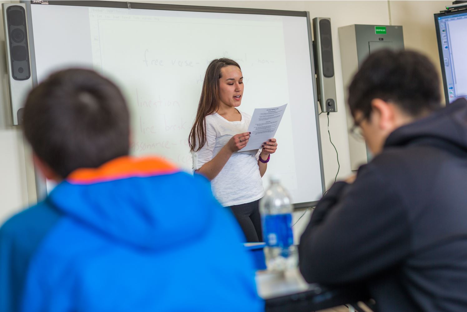 Jesslyn McGowan from Bethel presents to her English class at UAF's Kuskokwim Campus in Bethel.