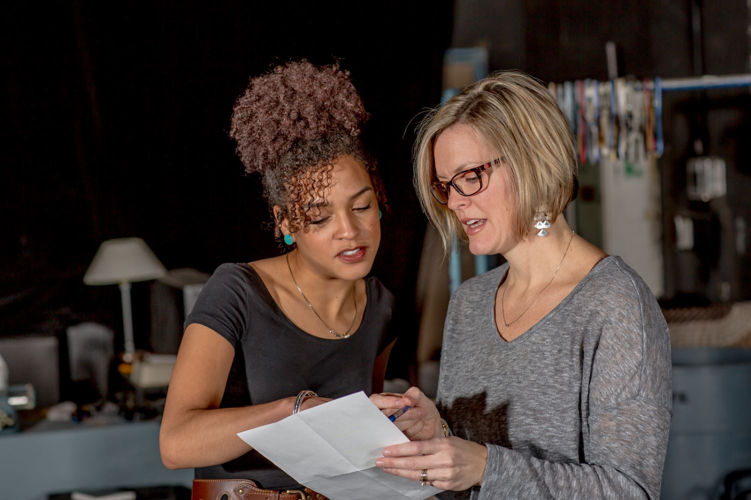 Theatre major Nicole Cowans, left, gets some one-on-one coaching from Associate Professor Carrie Baker in the Salibury Theatre.