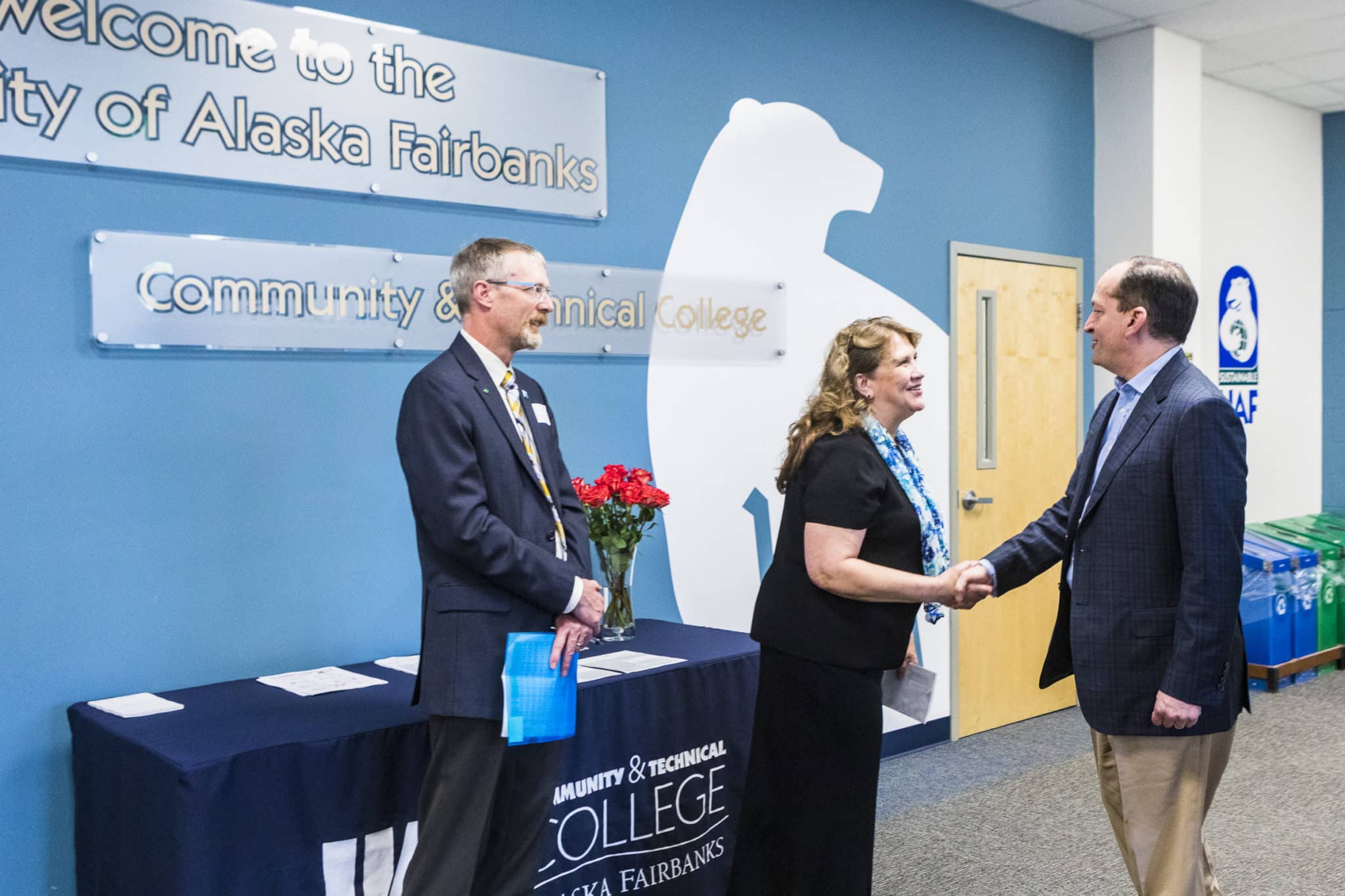 University of Alaska Fairbanks Chancellor, Dan White and UAF Community and Technical College Dean, Michele Stalder welcome U.S. Secretary of Labor Alexander Acosta to UAF CTC’s downtown center for a tour.