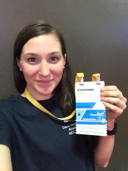 Stephanie Harvey shows off her Cisco Live 2016 Event Staff badge in Las Vegas. Harvey is a member of the Cisco Networking Academy Dream Team. She is also a mother of two and a student at UAF Community and Technical College.