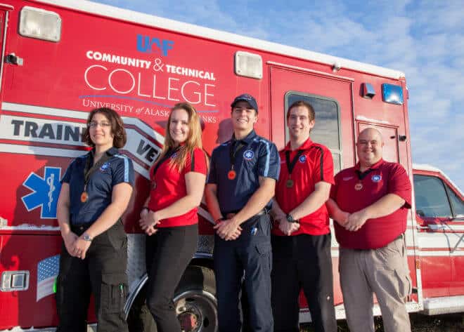 The UAF Community and Technical College paramedic team swept every category in the Alaska State Emergency Medical Services Skills Olympics in Anchorage on Nov. 4-5. The team included, from left, Andrea Knowles, paramedic student; Kinzea Jones, program assistant and paramedic class of 2016; Michael Pence, paramedic student; Myles Jellison, paramedic clinical coordinator and paramedic class of 2012; and Justin Yurong, paramedic program coordinator.