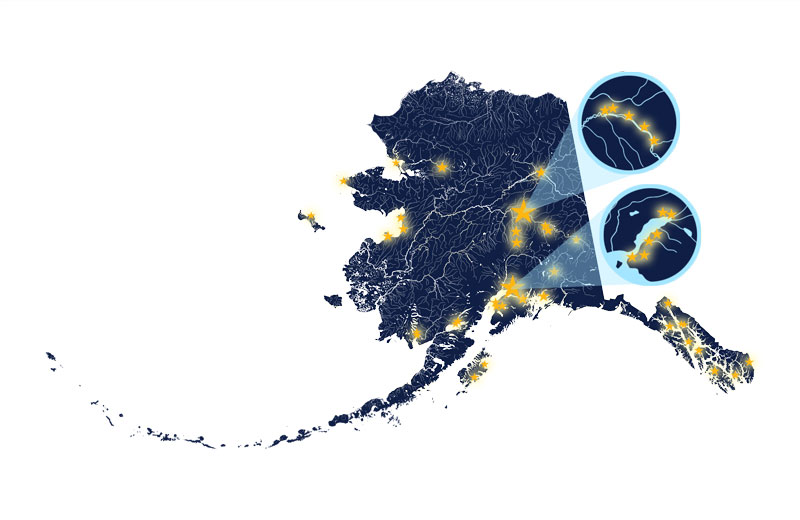 Alaska map showing the locations of high school students