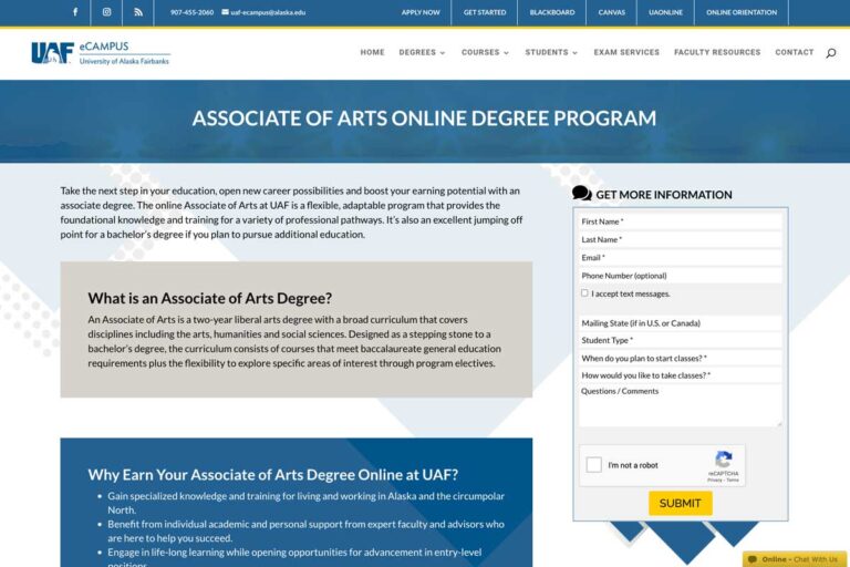 Screenshot of Associate of Arts web page