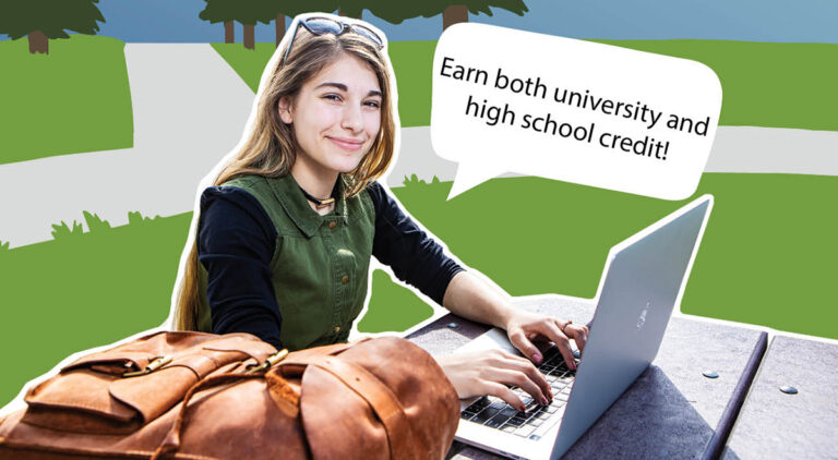 Image with a women with a speech bubble to the right of her stating "Earn both university and high school credit."