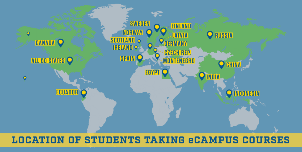Map with locations of students taking courses