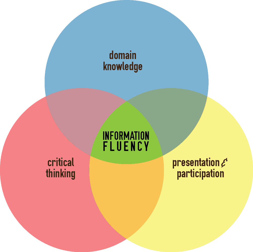 nformation Fluency described by a Venn diagram, featuring domain knowledge, critical thinking, and presentation &amp; participation intersecting in the a shared area named information fluency.