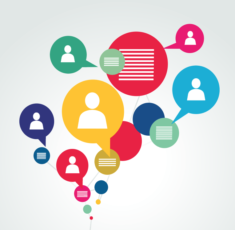 Graph with various speech bubbles showing a user or comments in each speech bubble.