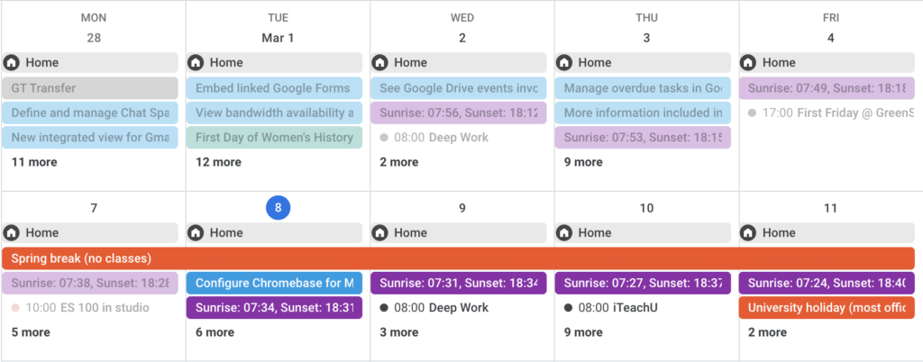 Graph showing the calendar setup with color coding
