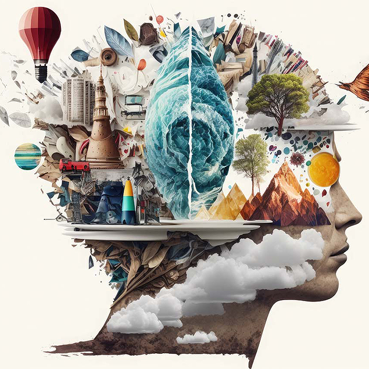 Graph of head with all types of floral, gears and shapes floating about