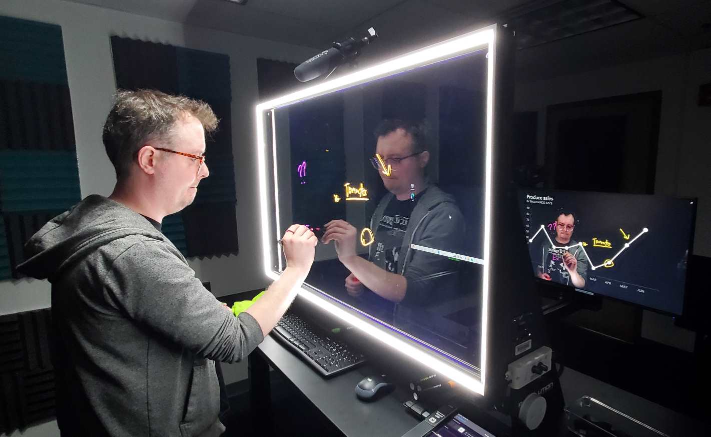 CTL Media Designer Eric Lonn demonstrates the lightboard in the Teaching & Learning Studio