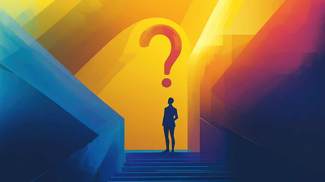 An illustration of a person in silhouette, standing at the top of a staircase, surrounded by rainbow color blocks.
