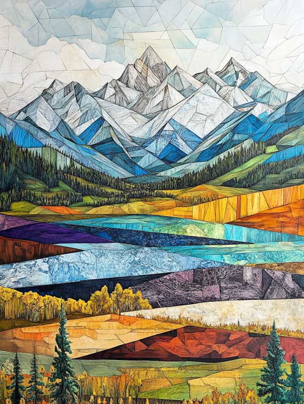 Mosiac painting of a snow covered mountain and fall valley