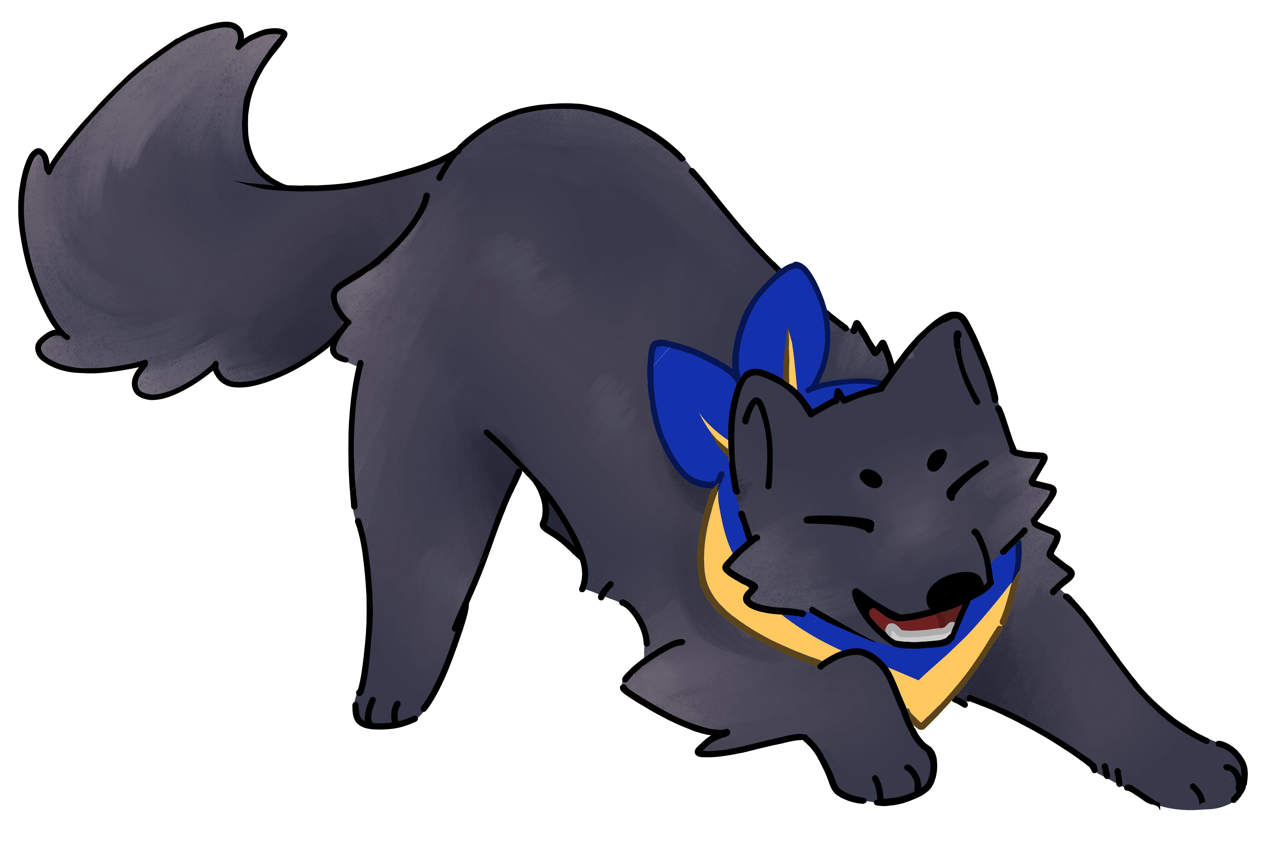 Black Dog, with blue and yellow scarf, playfully barking