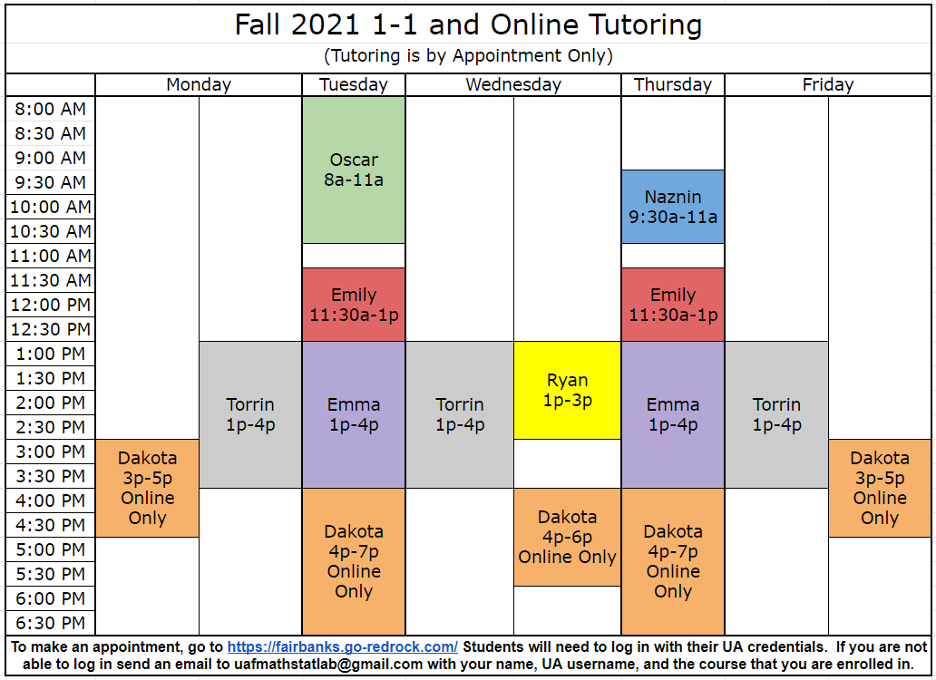 1-1 Tutoring Schedule