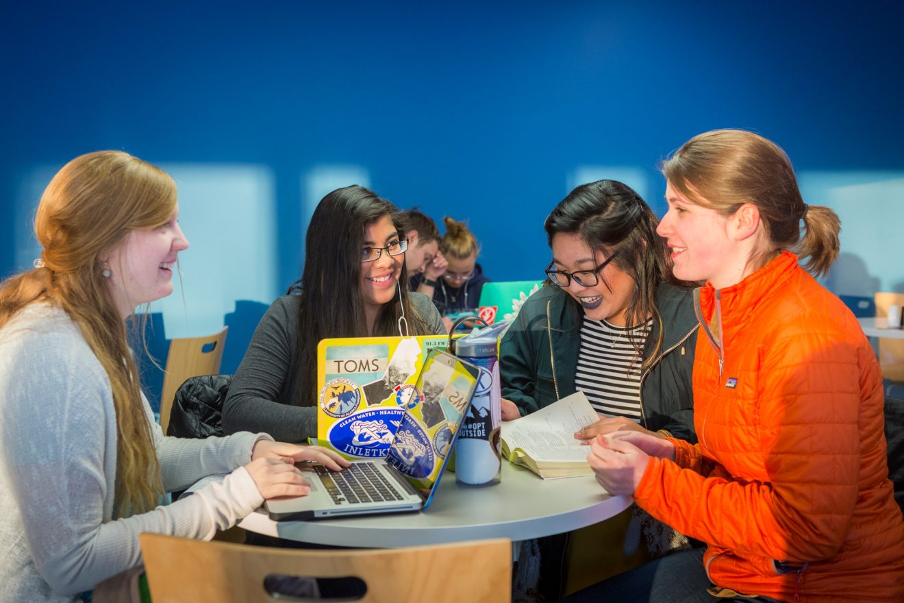 Sara Williams, Maria Isabel Castro, Cellest Bulfa and Grace Bolt study at Arctic Java on Thursday, Feb. 2, in Wood Center on the Fairbanks campus.