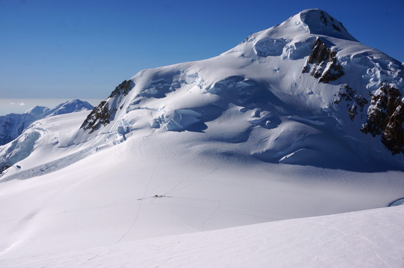 Erich Osterberg photoA view overlooking a scientific camp on a high plateau of Mount Hunter from which two ice cores were pulled.