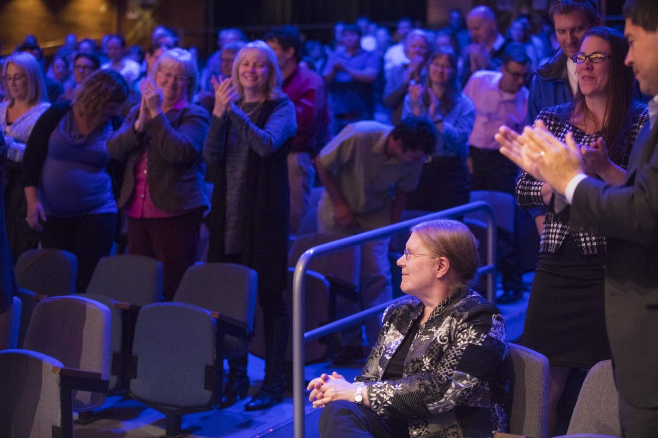 Provost Susan Henrichs is recognized for her decades of service and leadership at UAF during the 2017 convocation in Davis Concert Hall. UAF photo by JR Ancheta.