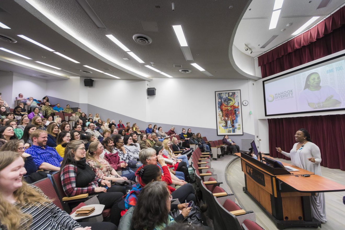 #MeToo founder Tarana Burke speaks to students, staff, faculty and community members in Schaible Auditorium April 6, 2018. The free event was hosted by the Nanook Diversity and Action Center.