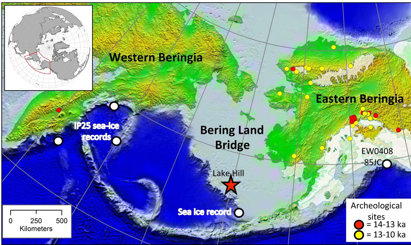Royal Society Open Science imageAn image shows the one-time location of the Bering Land Bridge, as well as the site on St. Paul Island where a UAF-led team took a sediment core. Archaeological sites in Alaska and Asia help chart human migration across the land bridge.
