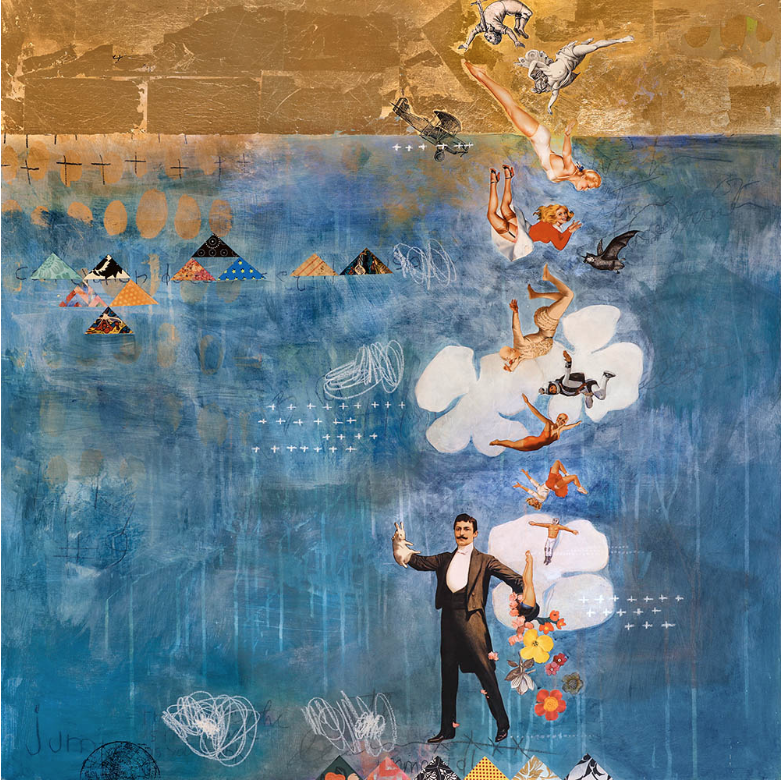 Figures of women, men, animals, figures falling from the sky and being gracefully caught by a man in a tuxedo.