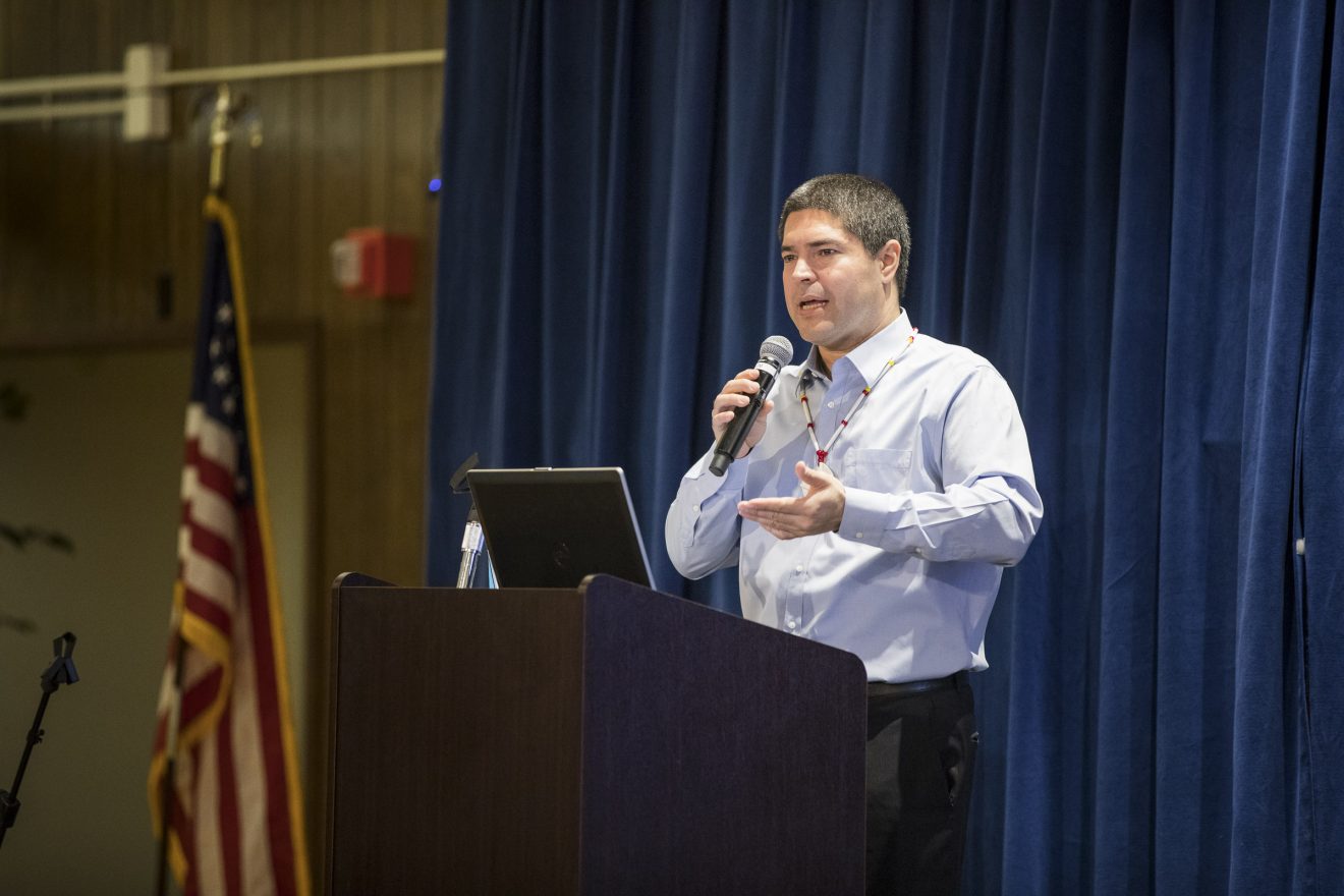 Evon Peter speaks at the chancellor's forum on diversity in the Wood Center ballroom March 21, 2018.