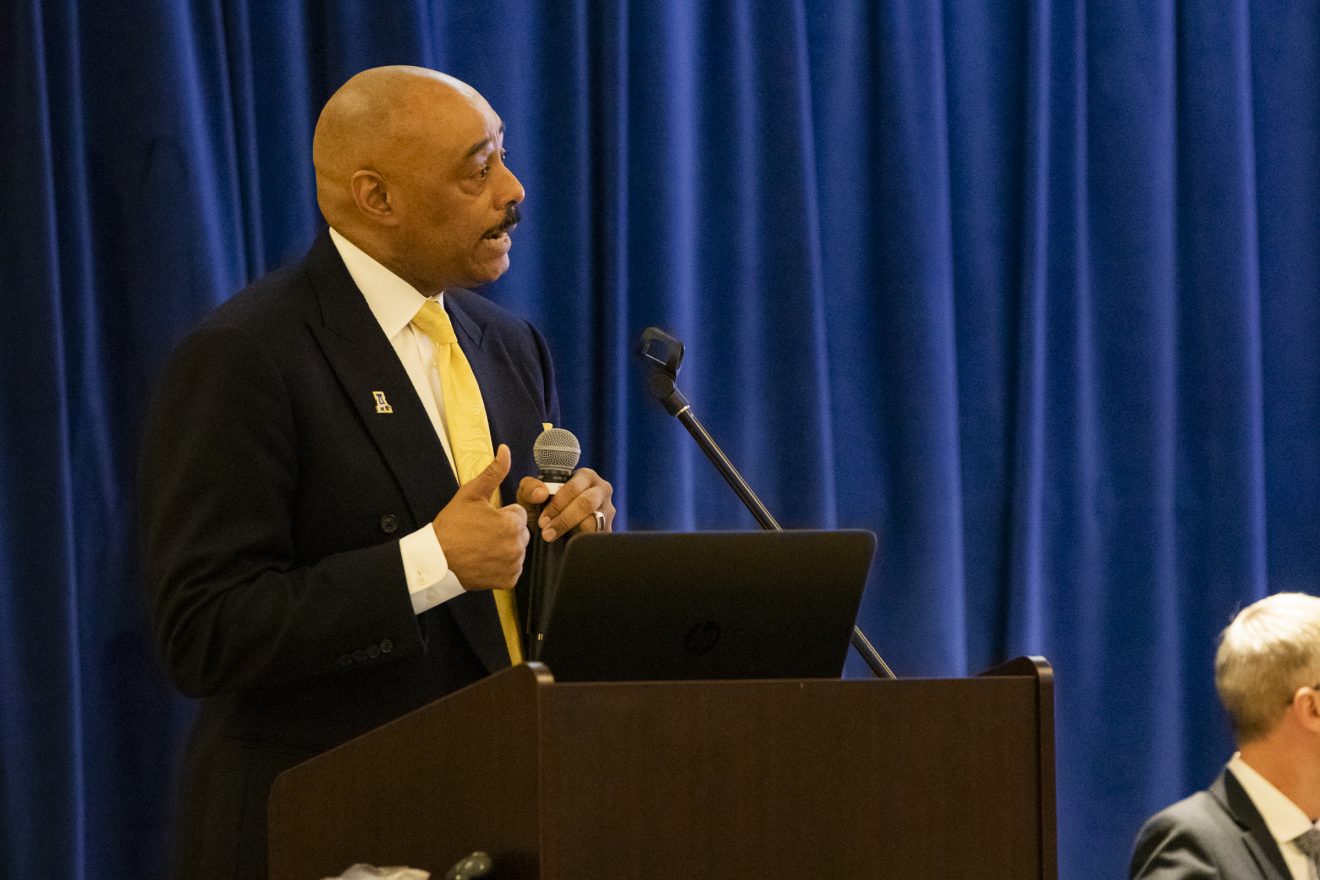 Keith Champagne spoke at the chancellor's forum on the budget Nov. 20, 2018. UAF photo by JR Ancheta.