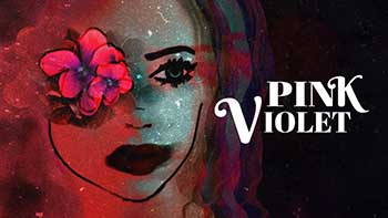 Cartoon-like picture of a woman's heavily made-up head with a violet placed over one eye.