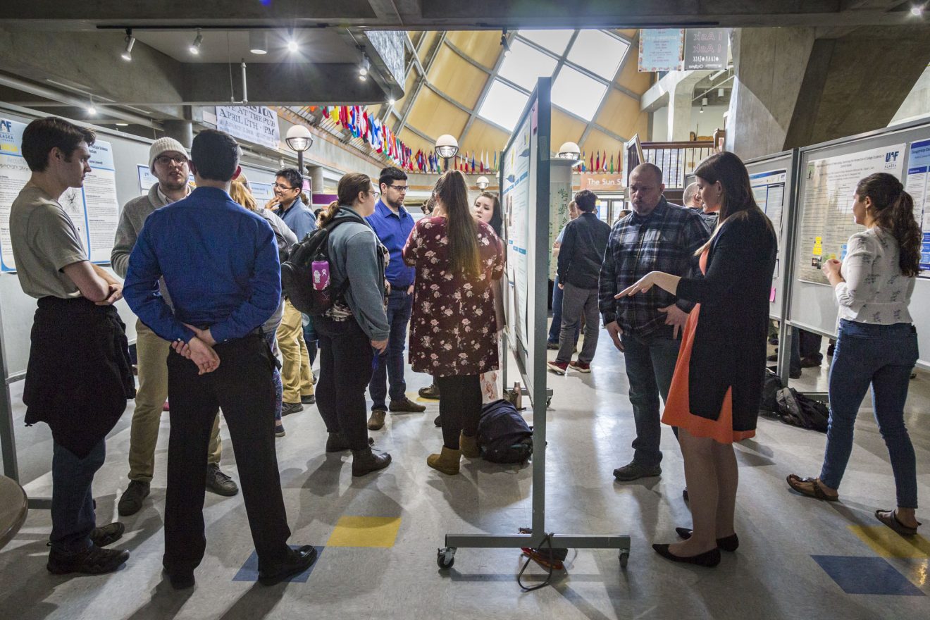 Students present their posters to peers, faculty, staff and community members during the 2019 Research and Creative Activity Day in Wood Center. UAF photo by Sarah Manriquez.