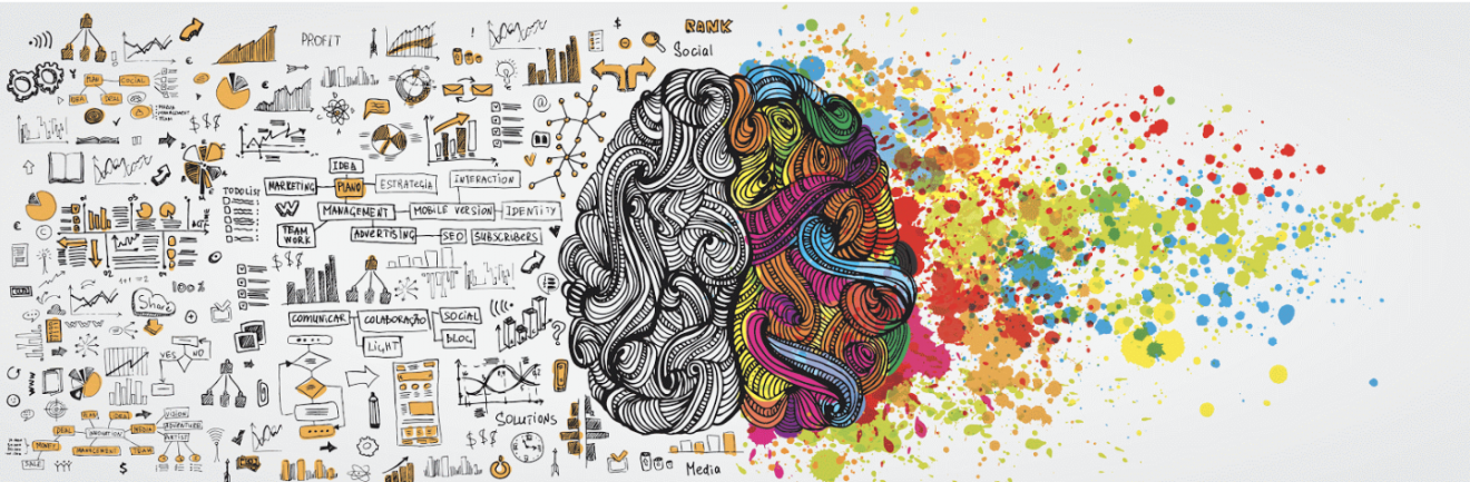 Charts and equations flowing out of one half of a brain and vibrant colors flowing out of the other half.