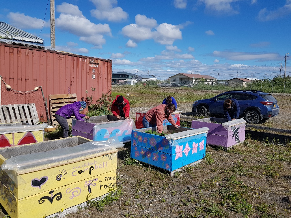 Five people bend over large, brightly covered raised garden beds.