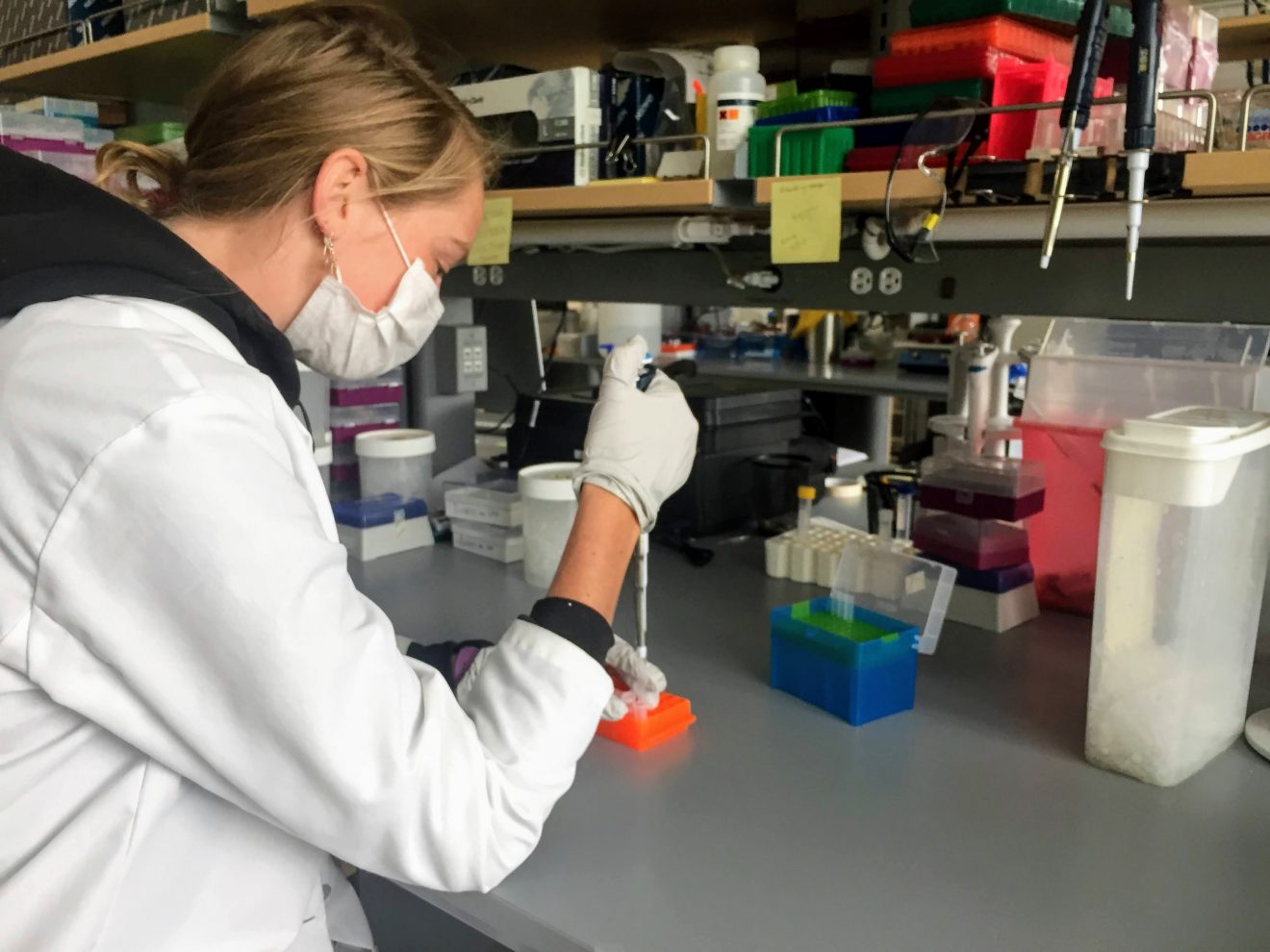 a woman wearing a mask and a lab coat uses a pipette over a small vial in a small tray in a lab.