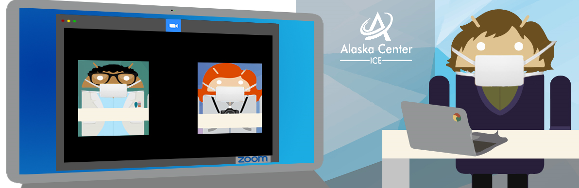 Graphic of three people meeting on screens; all are wearing protective face masks